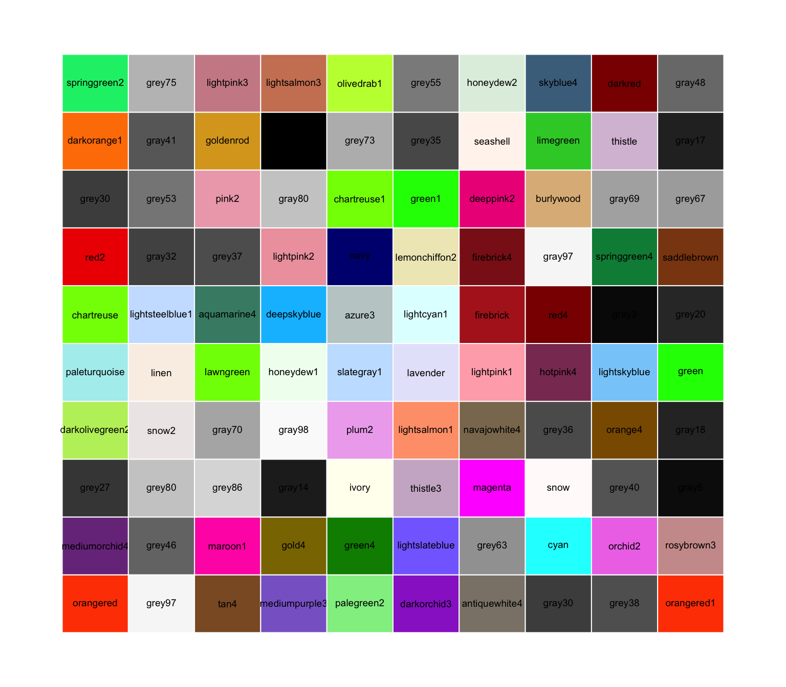 100 random named colors (out of all 657) in R.